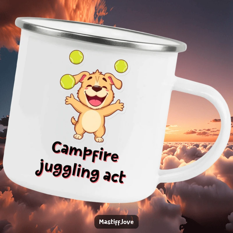 Funny camping mug showing a happy mastiff character skillfully juggling three tennis balls, ready for outdoor fun.