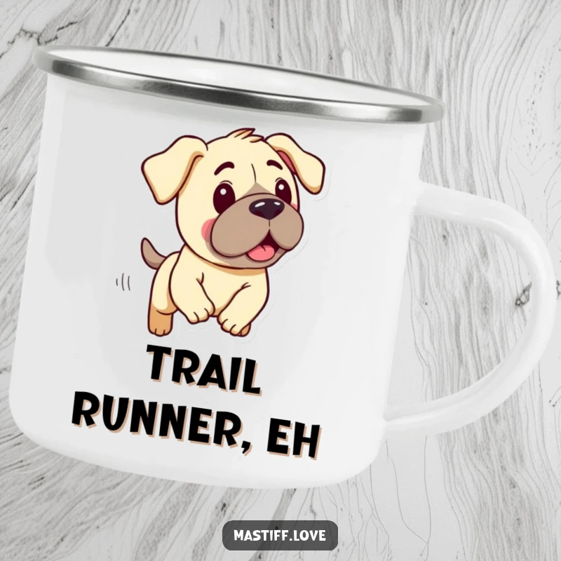Funny camping mug showing a kawaii mastiff with droopy ears, mid-chase, ready for outdoor fun and laughter.