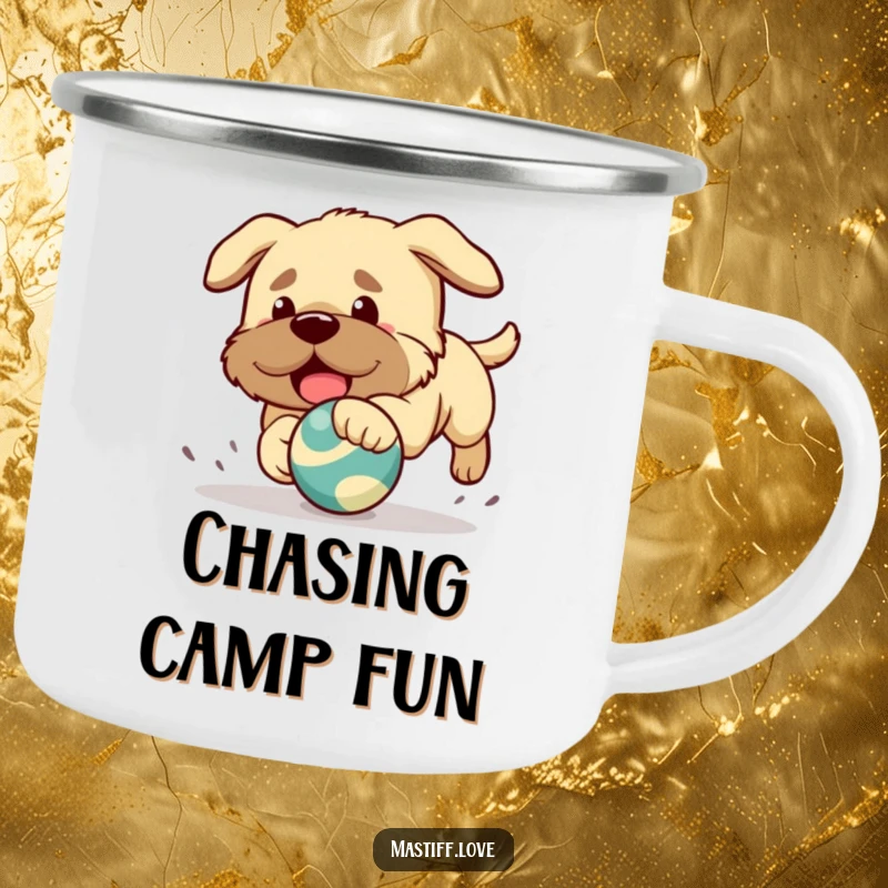 Funny camping mug with a Kawaii mastiff puppy playfully chasing a bouncy toy, ready for outdoor fun.