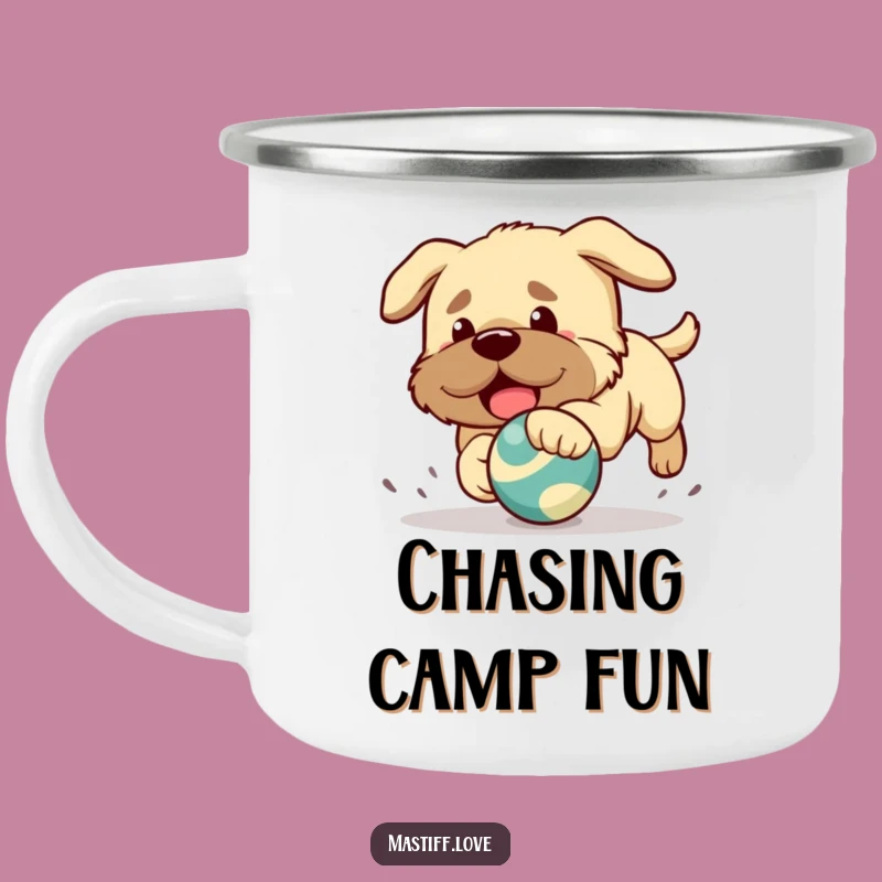 Funny Mastiff Camping Mug: Kawaii Puppy Adventure, Playful Toy Chase, Gift