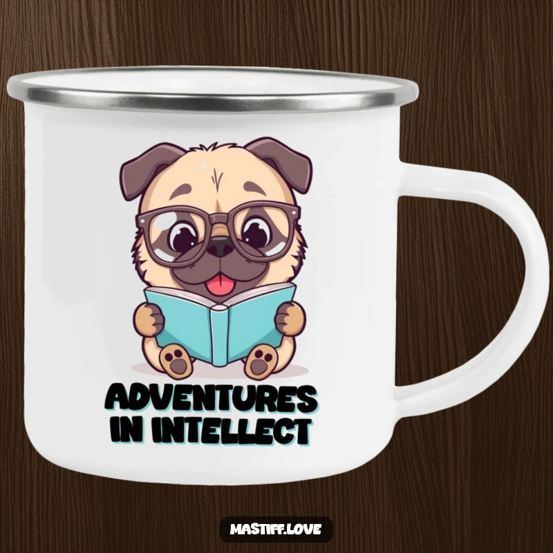 Funny Mastiff Camping Mug: A delighted dog in glasses reads, ready for outdoor adventures and coffee breaks.