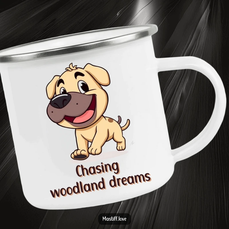 Funny mastiff with a goofy grin, chasing its tail, on a sturdy camping mug for outdoor silliness.
