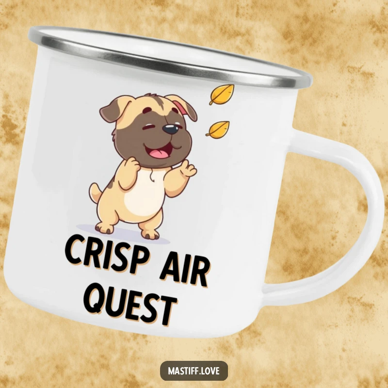Funny playful mastiff, trying to catch a falling leaf, durable camping mug for outdoor fun, perfect funny gift.