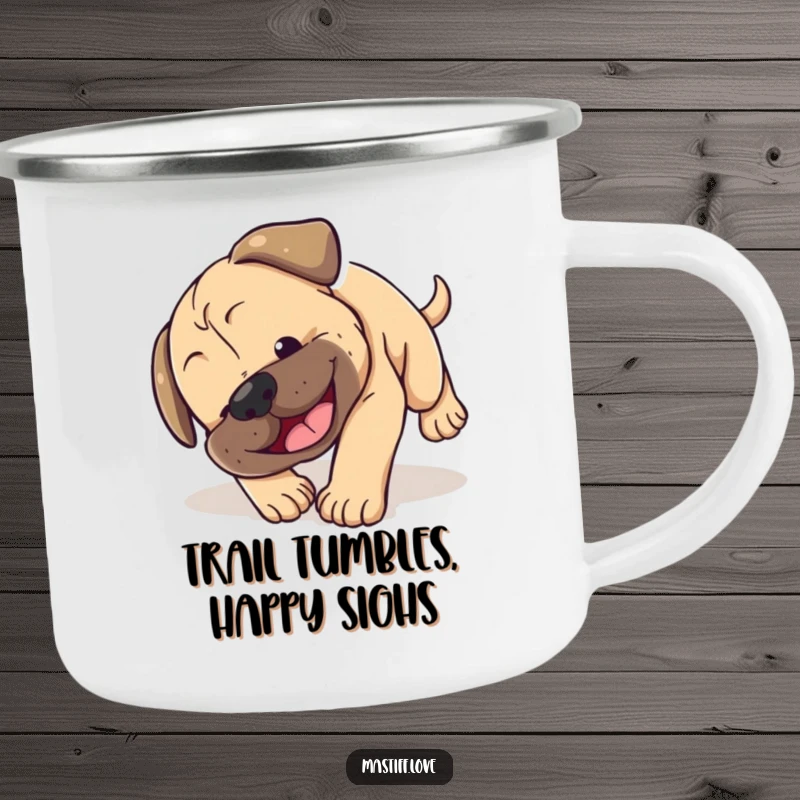 Funny camping mug with a Mastiff puppy hilariously tumbling head over paws with a smile, perfect for outdoor adventures.