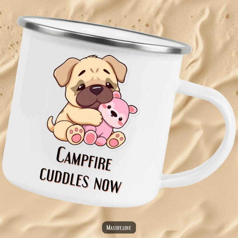 Funny Camping Mug: A tiny mastiff happily snuggles a plush toy on this outdoor mug. A durable and heartwarming drinkware.