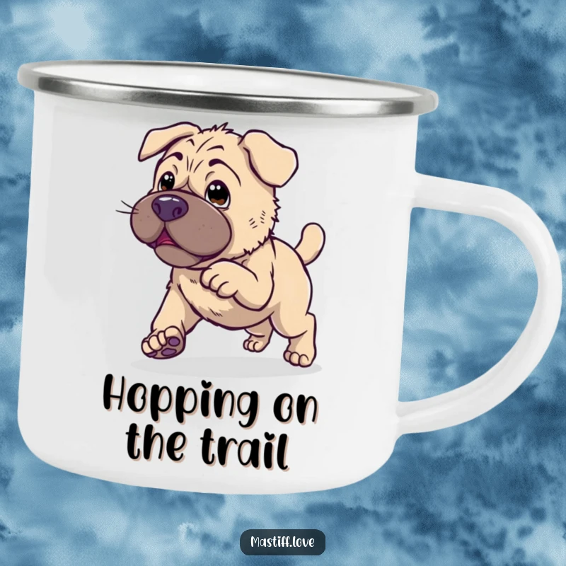 Clumsy Kawaii Mastiff Camping Mug showing a cute dog endearingly trying to hop, ideal for outdoor humor.