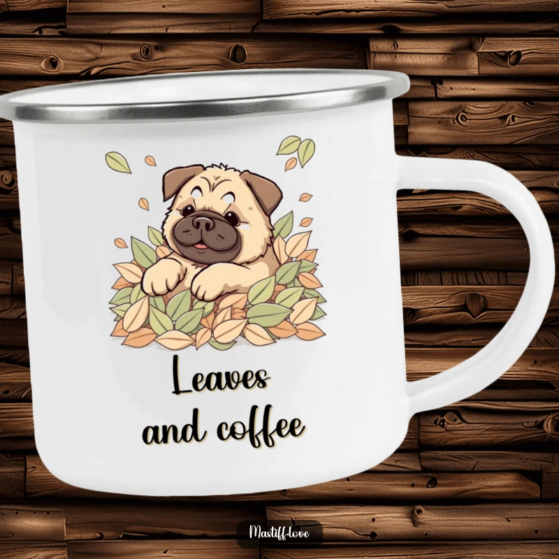 Happy Kawaii Mastiff Camping Mug showing a cute dog joyfully rolling in leaves, perfect for outdoor autumn fun.