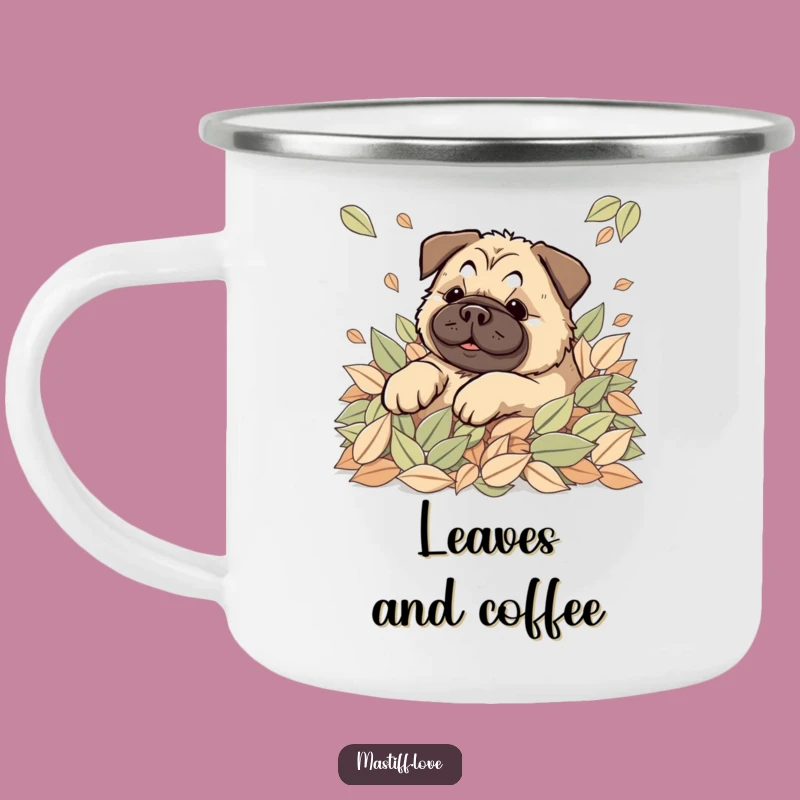 Happy Kawaii Mastiff Leaves Camping Mug: Rolling Dog Fun, Outdoor Autumn Funny Gift