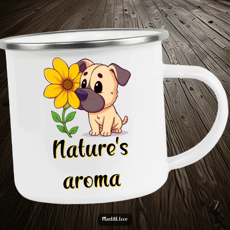Funny curious mastiff, sniffing a large, brightly colored flower, durable camping mug for outdoor exploration, perfect funny gift.