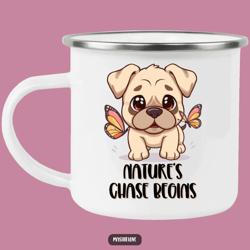 Kawaii Mastiff Butterfly Camping Mug: Innocent Dog Chasing Butterfly, Outdoor Charm Funny Gift