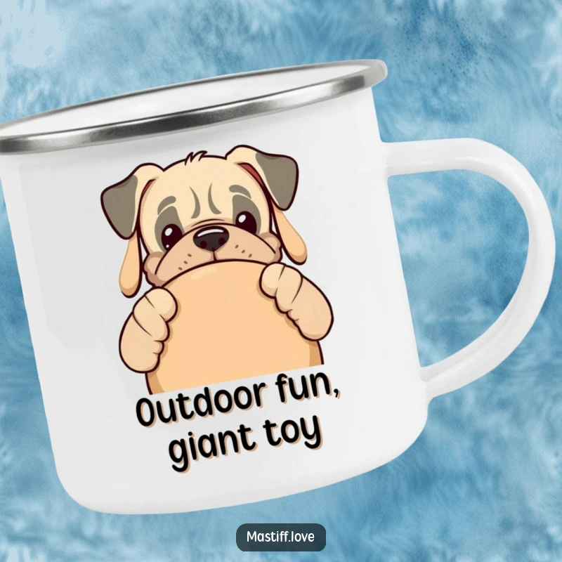 Funny kawaii mastiff dog peeking from behind a large dog toy on an enamel camping mug, ready for outdoor fun.