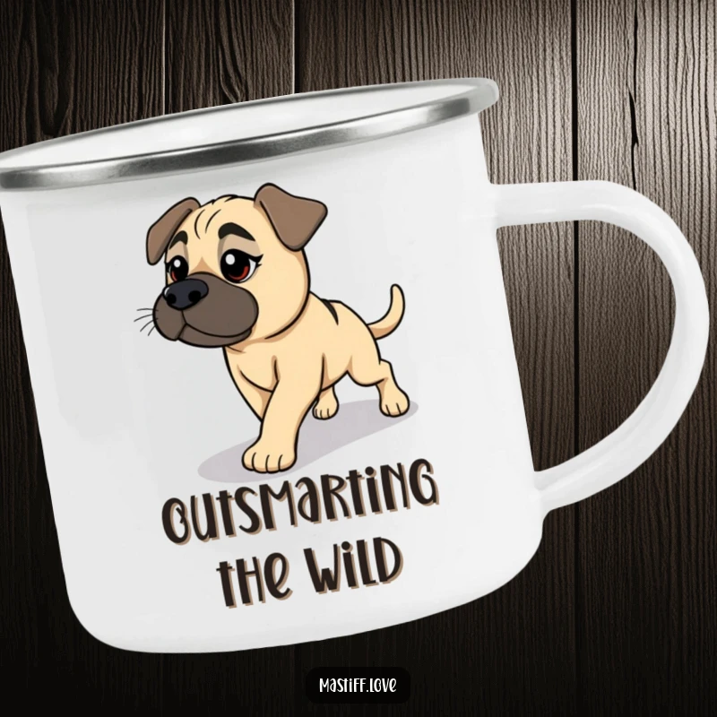 Funny Mastiff Camping Mug: A dog hilariously chases its shadow, perfect for outdoor enthusiasts who appreciate humor.