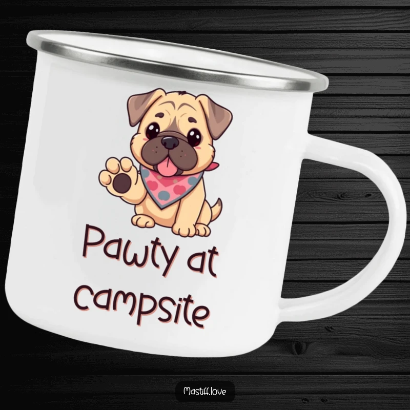 Funny kawaii mastiff camping mug, a cute dog in a bandana offering its paw, perfect for outdoor friendship.