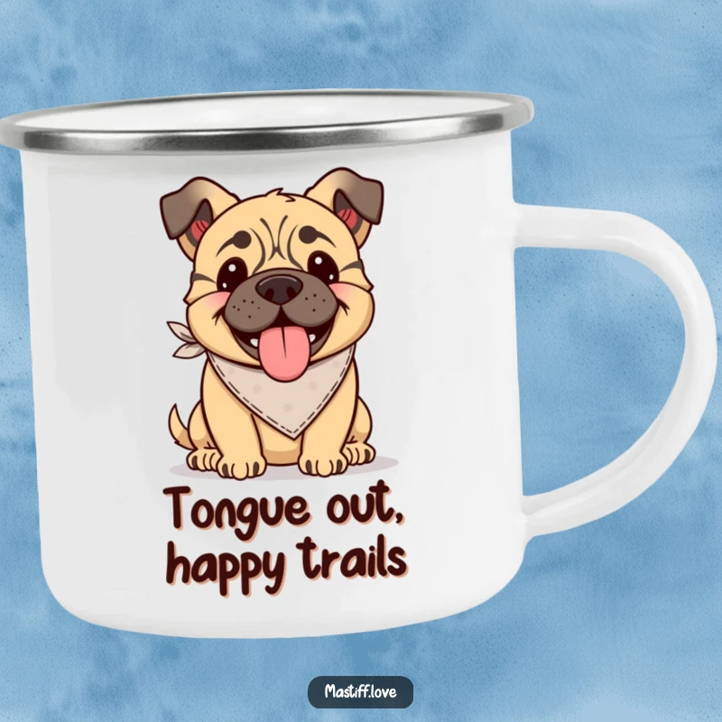 Funny Kawaii Mastiff Camping Mug: A camping mug featuring a happy mastiff in a bandana, tongue lolling out.