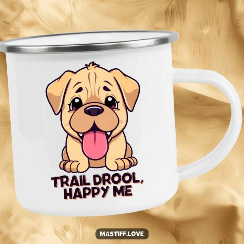Funny kawaii mastiff camping mug, cute panting puppy with a big tongue, perfect for outdoor enthusiasts.