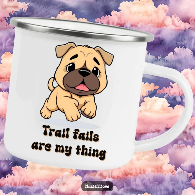 Funny Mastiff Tripping Camping Mug: A large mastiff with huge paws trips while running, a humorous and durable mug for outdoor enthusiasts.
