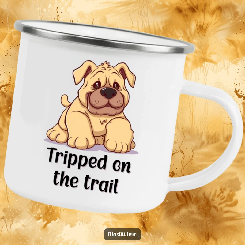 Funny Mastiff Camping Mug showing a silly dog comically tripping over its large paws with a funny, endearing look.
