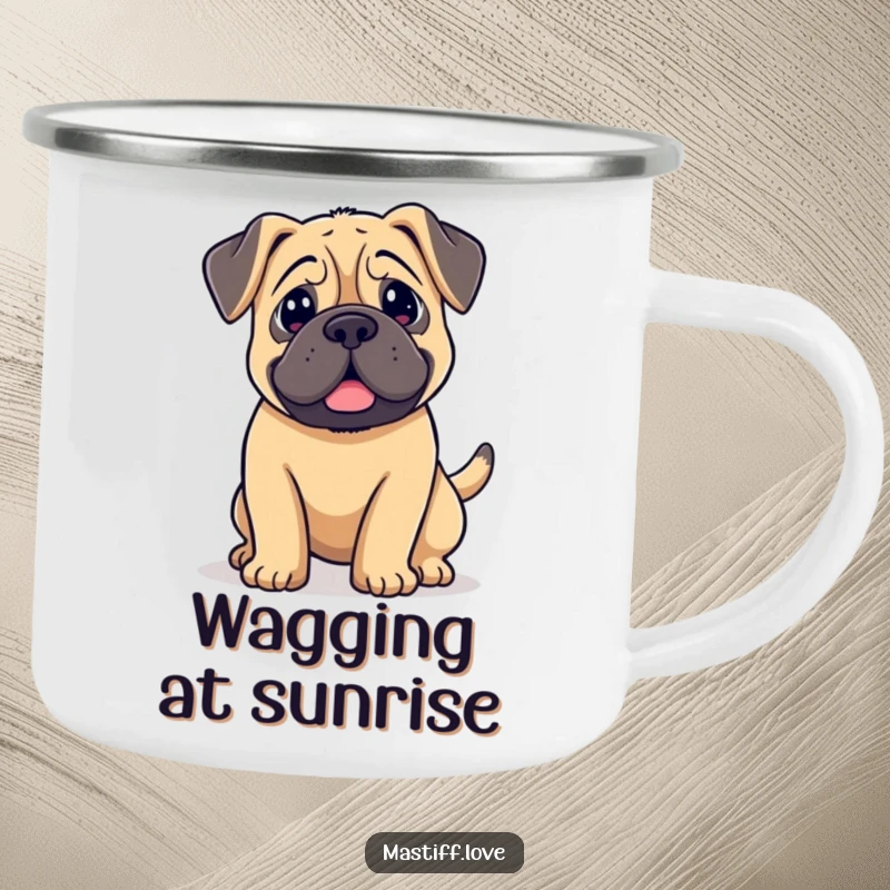 Funny kawaii mastiff camping mug, a dog with floppy ears and a wildly wagging tail, ready for adventure.