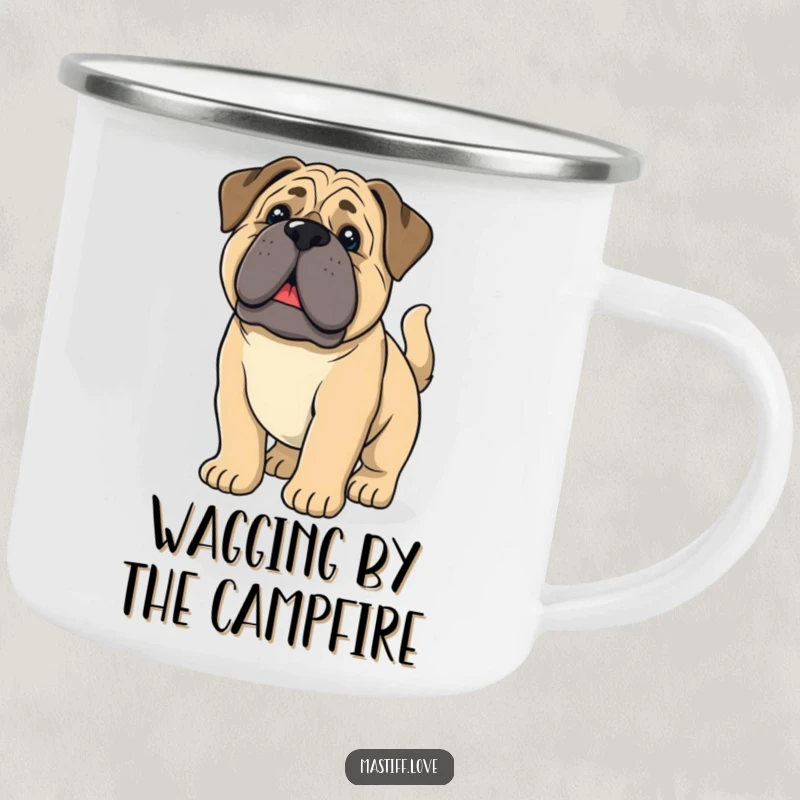 Funny mastiff puppy with droopy ears and a wagging tail, on a sturdy camping mug for outdoor enthusiasts.