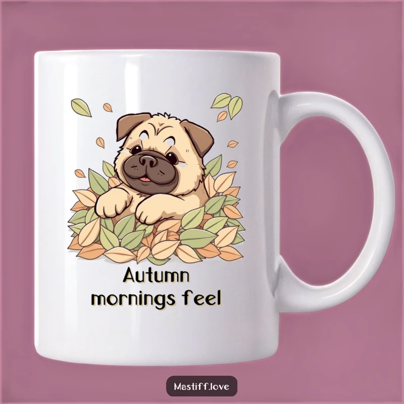 Happy Kawaii Mastiff Leaves Mug: Rolling Dog Fun, Autumn Vibes Funny Gift