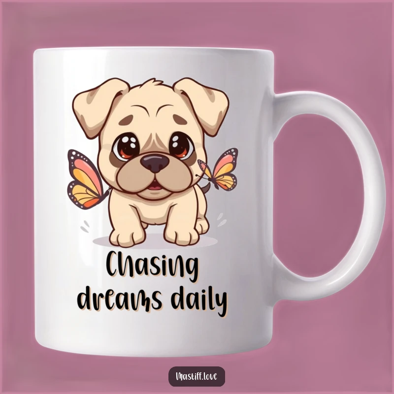 Kawaii Mastiff Butterfly Mug: Innocent Eyes Dog Chasing Butterfly, Adorable Funny Gift