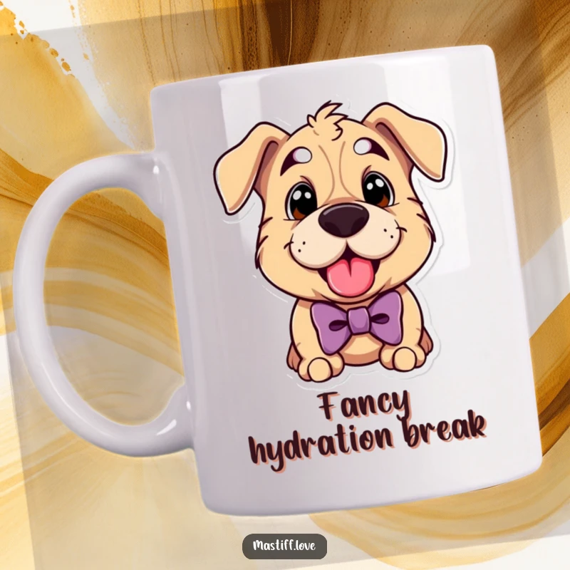 Funny mastiff mug featuring a playful dog wearing a bowtie, panting happily with a joyful expression.
