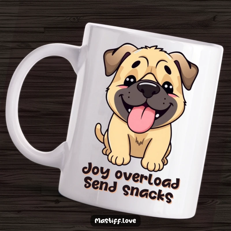 Funny Happy Mastiff Mug: A joyful mastiff wags its whole body with its tongue lolling out, radiating pure happiness and fun.