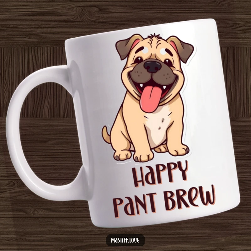 Funny happy mastiff, tongue lolling out, panting with pure joy, cartoon dog mug, perfect funny gift.