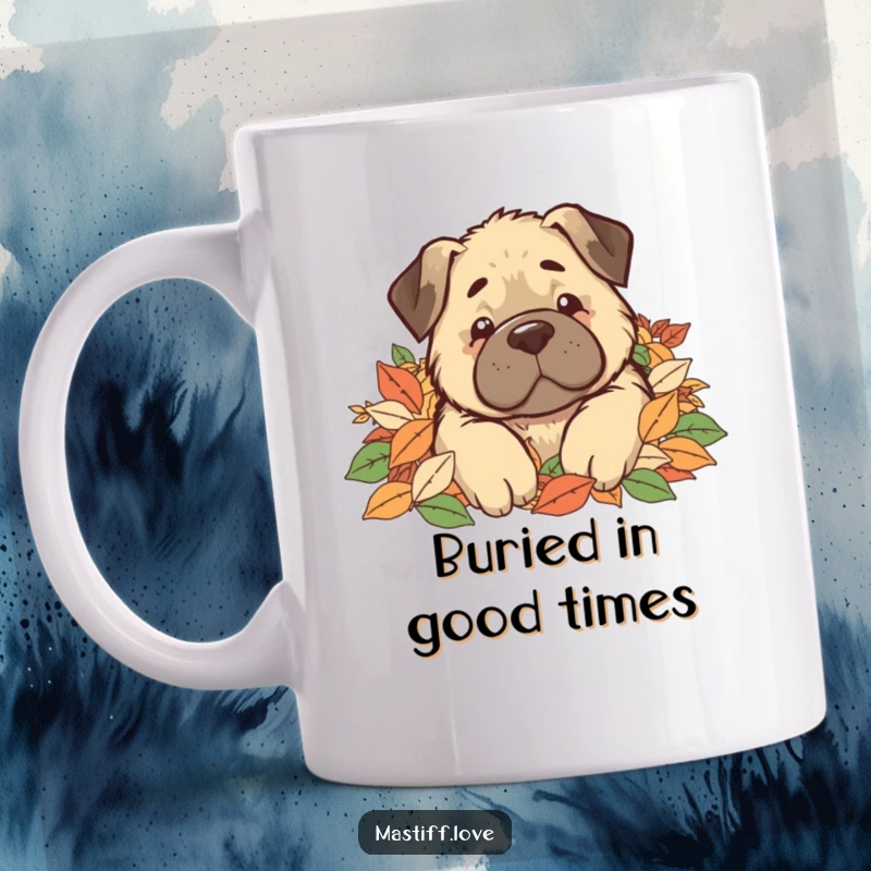 Funny Mug shows a kawaii mastiff dog peeking its head out from a huge pile of colorful autumn leaves, looking adorably lost.