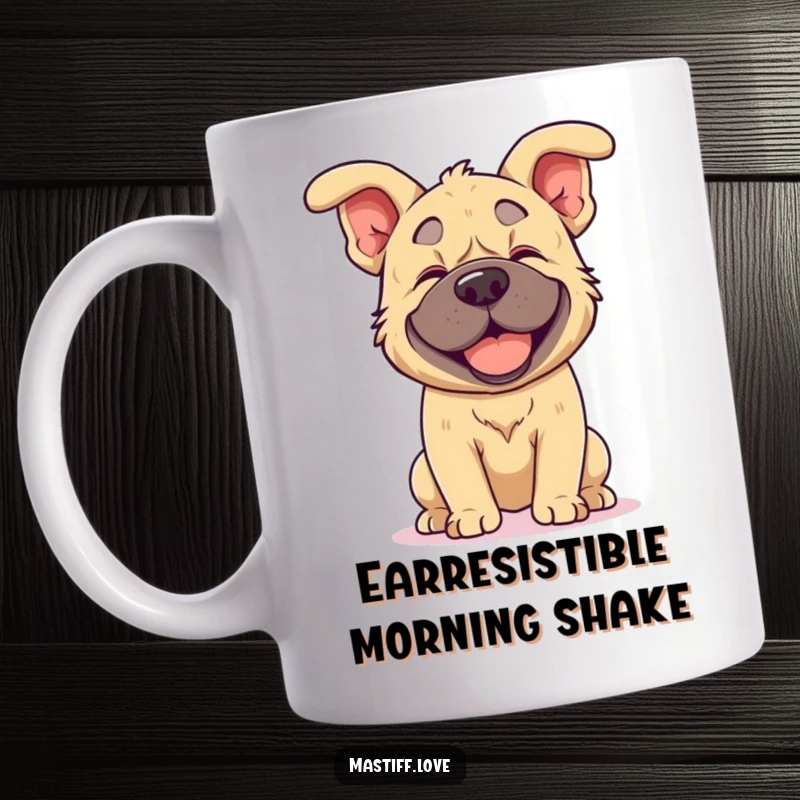 Funny kawaii mastiff mug with a mastiff joyfully shaking its head, its floppy ears flying dramatically, capturing a moment of pure canine bliss.