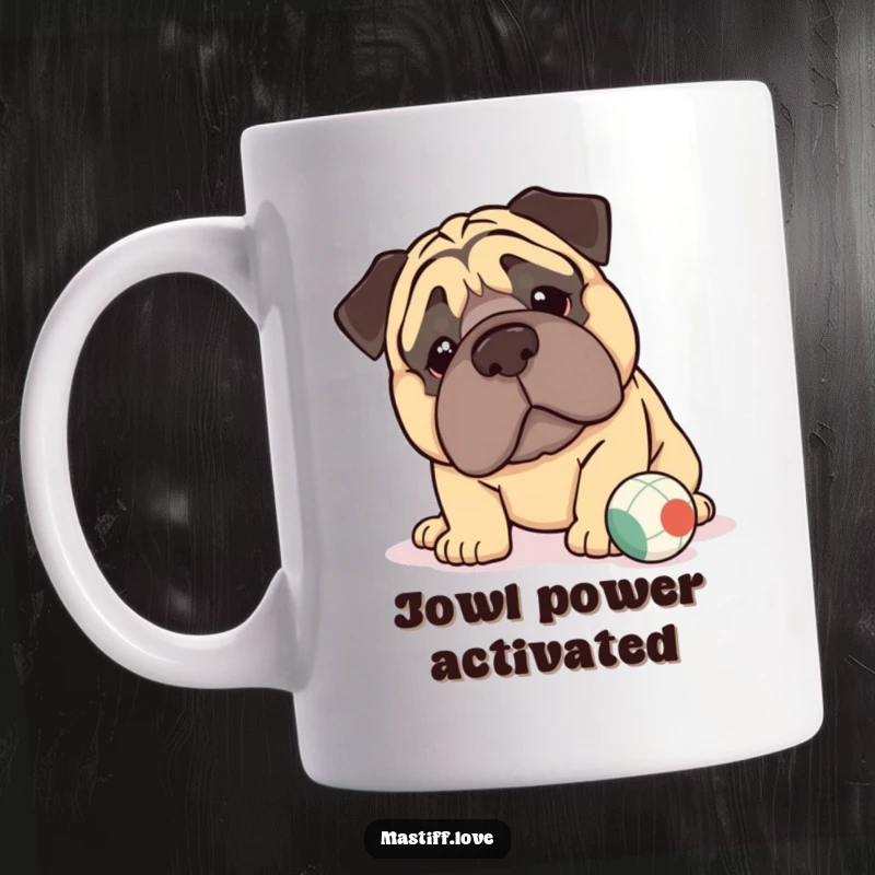 Funny kawaii mastiff mug with huge jowls gently pushing a small ball, showcasing sweet and clumsy charm for dog lovers.