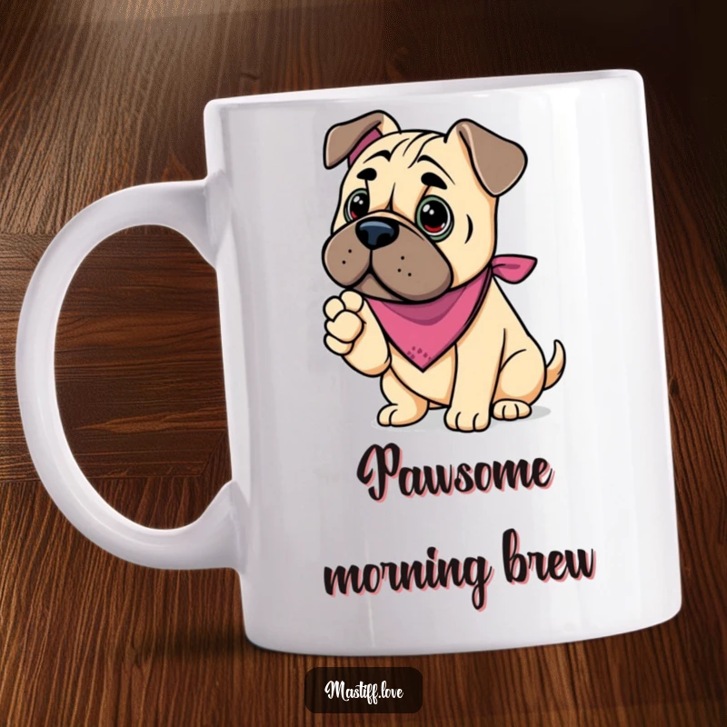 Funny kawaii mastiff mug, a cute dog wearing a bandana, extending its paw for a friendly shake.