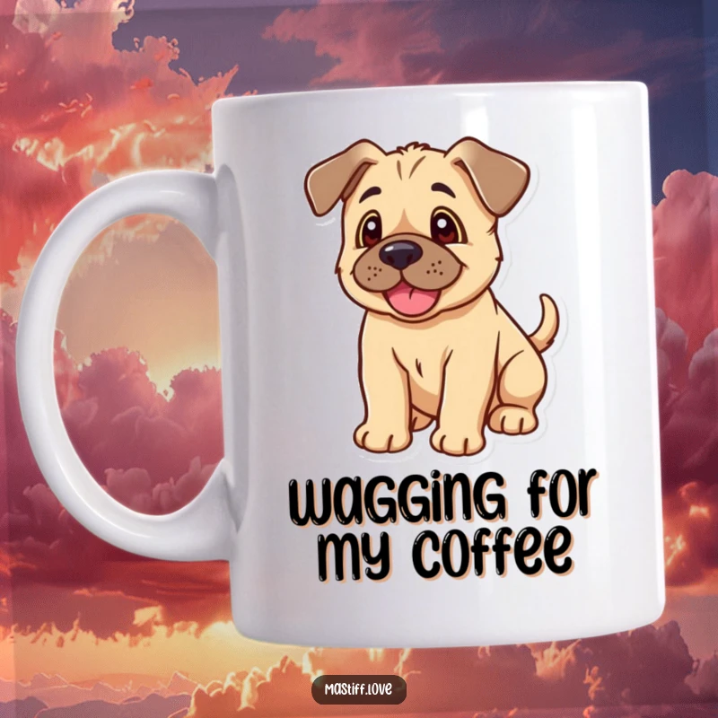 Funny Kawaii Mastiff Puppy Mug: Adorable puppy with floppy ears joyfully wagging its tail, bringing endless smiles.
