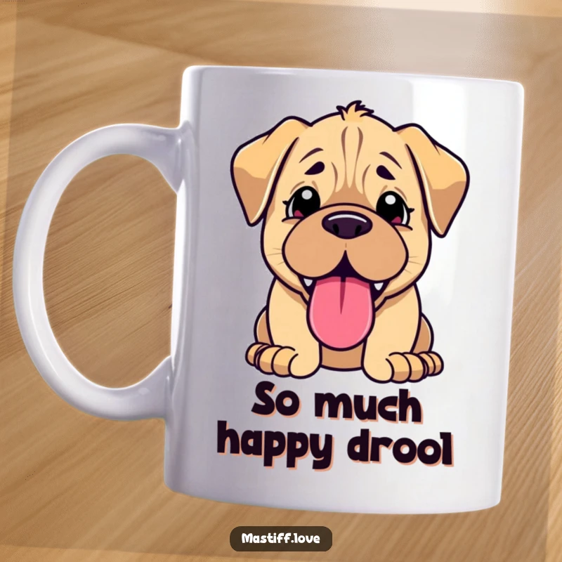 Funny kawaii mastiff puppy mug, joyfully panting with an oversized tongue, showing pure happiness and silliness.