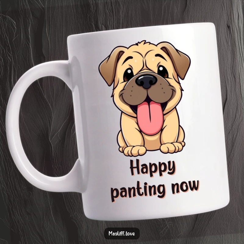 Funny mug with a kawaii Mastiff puppy character panting joyfully, its oversized tongue hanging out with happiness.