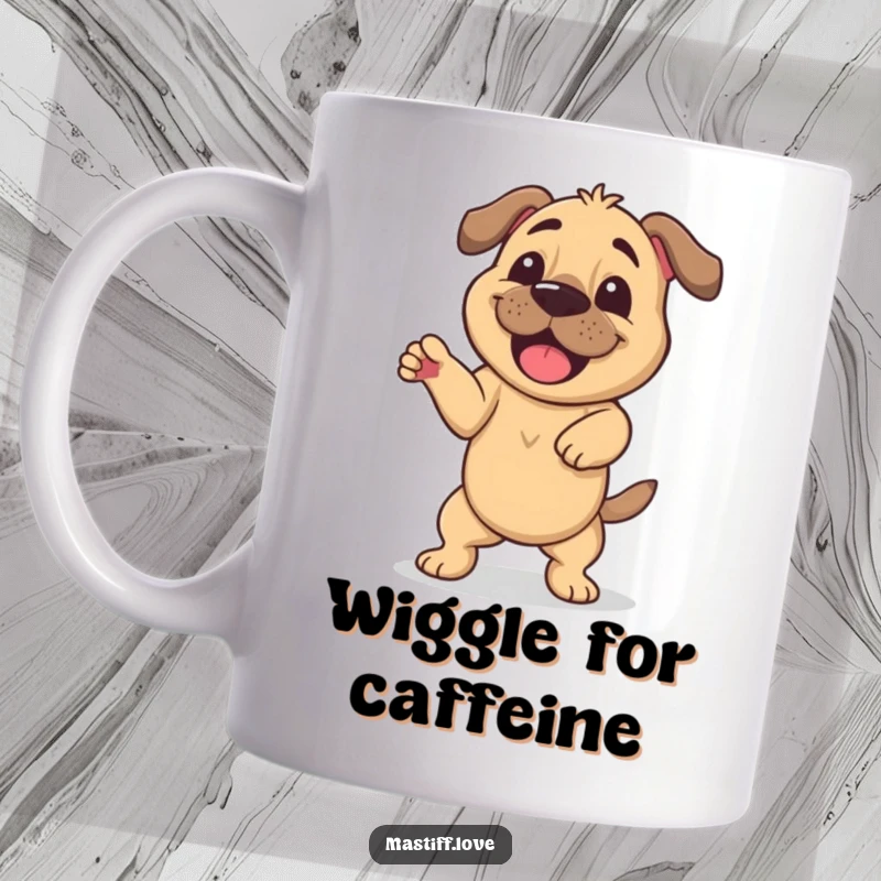Funny mug featuring a happy mastiff doing a silly, wiggling dance with pure joy on its face, a great gift for dog lovers.