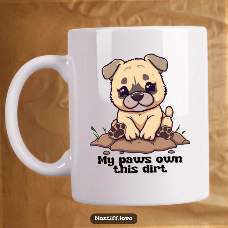 Funny Mastiff Mug featuring a small mastiff puppy humorously digging with oversized paw prints, looking mischievous and full of energy.