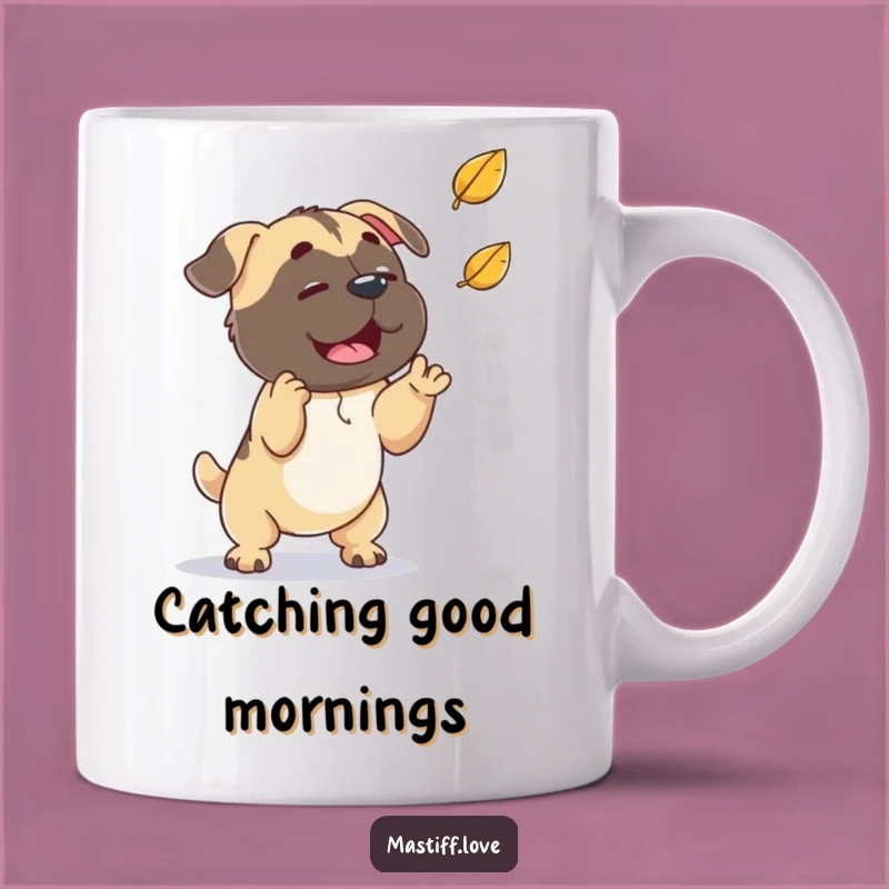 Funny Mastiff Leaf Catcher Mug: Playful Cartoon Dog Gift for Autumn Lovers