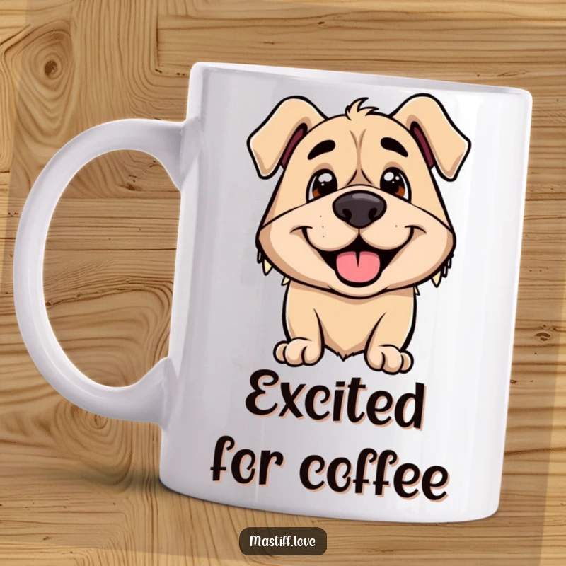 Funny mug showing a smiling mastiff dog with its typically droopy ears perked up high with palpable excitement.