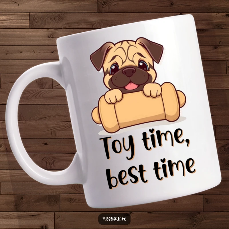 Funny mastiff puppy mug featuring a joyful puppy peeking out from an oversized chew toy with happy eyes.