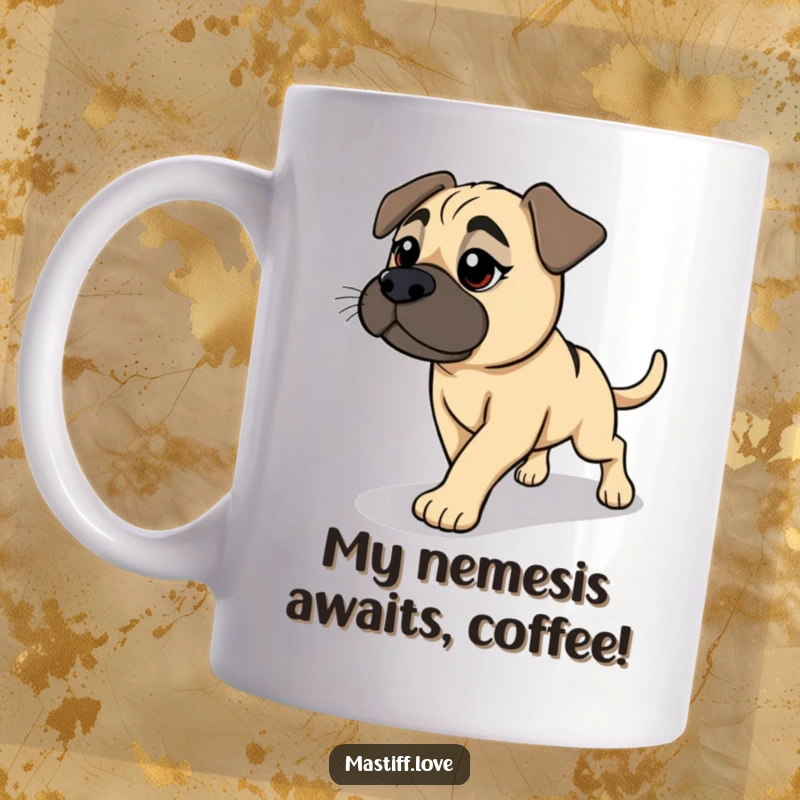 Funny Mastiff Mug: Determined yet friendly dog comically chasing its own shadow, embodying playful obsession and doggy antics.