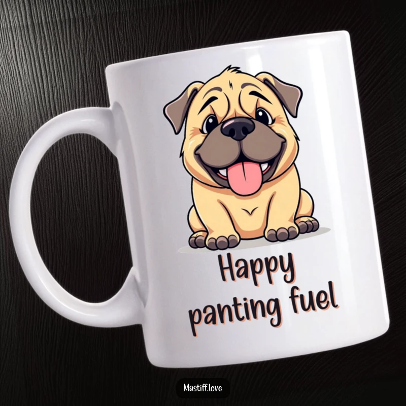 Funny mastiff mug showcasing a large, cuddly dog with a goofy smile, panting happily, radiating pure canine joy and humor.