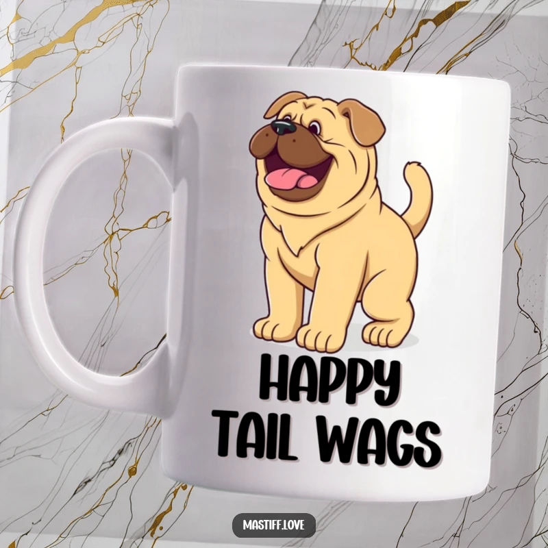 Funny Mug featuring a giant mastiff puppy wagging its tail vigorously with pure joy and boundless energy.