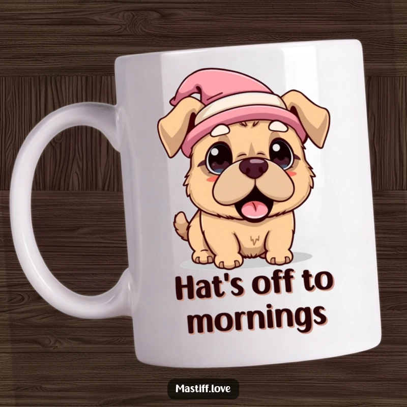 Funny Mug featuring an adorable kawaii mastiff dog wearing a comically oversized, silly hat and looking utterly surprised.