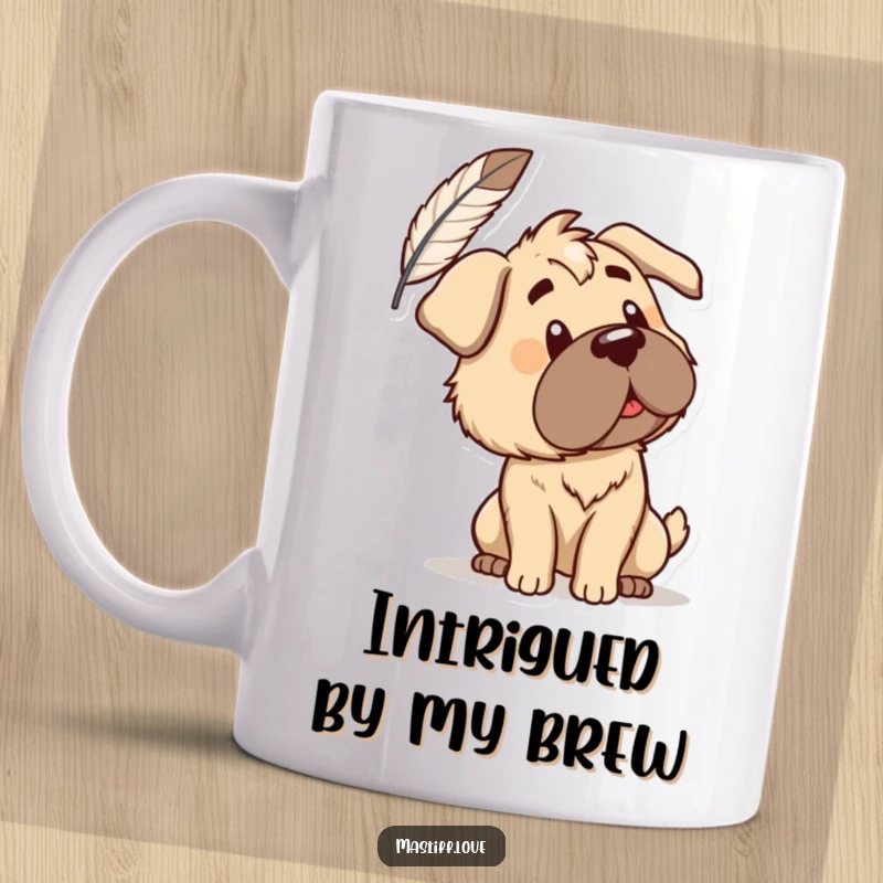 Funny Mug: A curious mastiff tilts its head in wonder at a floating feather. A humorous gift for thoughtful dog owners.