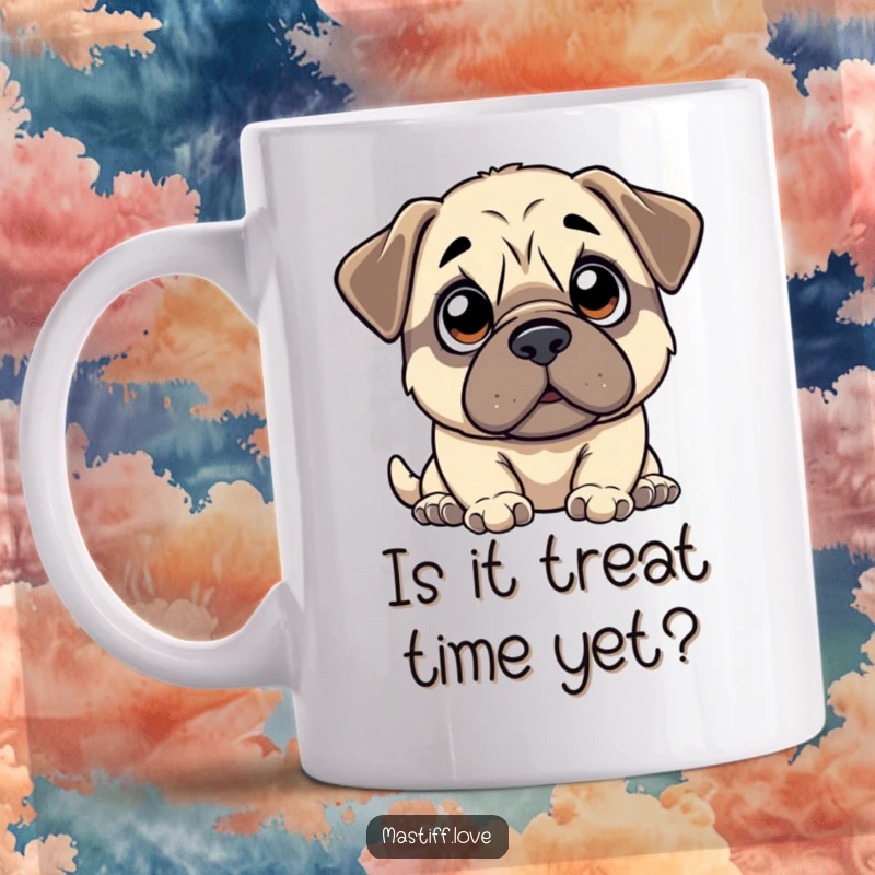 Funny kawaii mastiff mug with wide, innocent eyes looking upwards with hopeful anticipation, capturing a dog's sweet pleading expression.