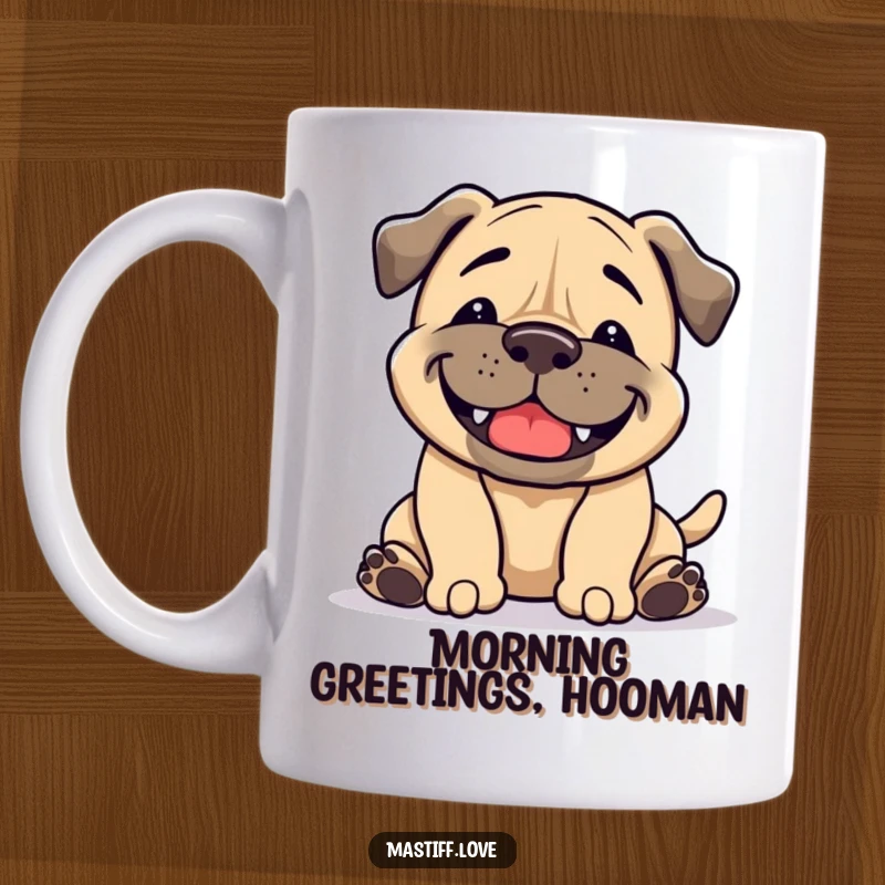 Funny Mastiff Mug: A dog with a broad grin performs a playful bow, showcasing its happy and inviting nature.