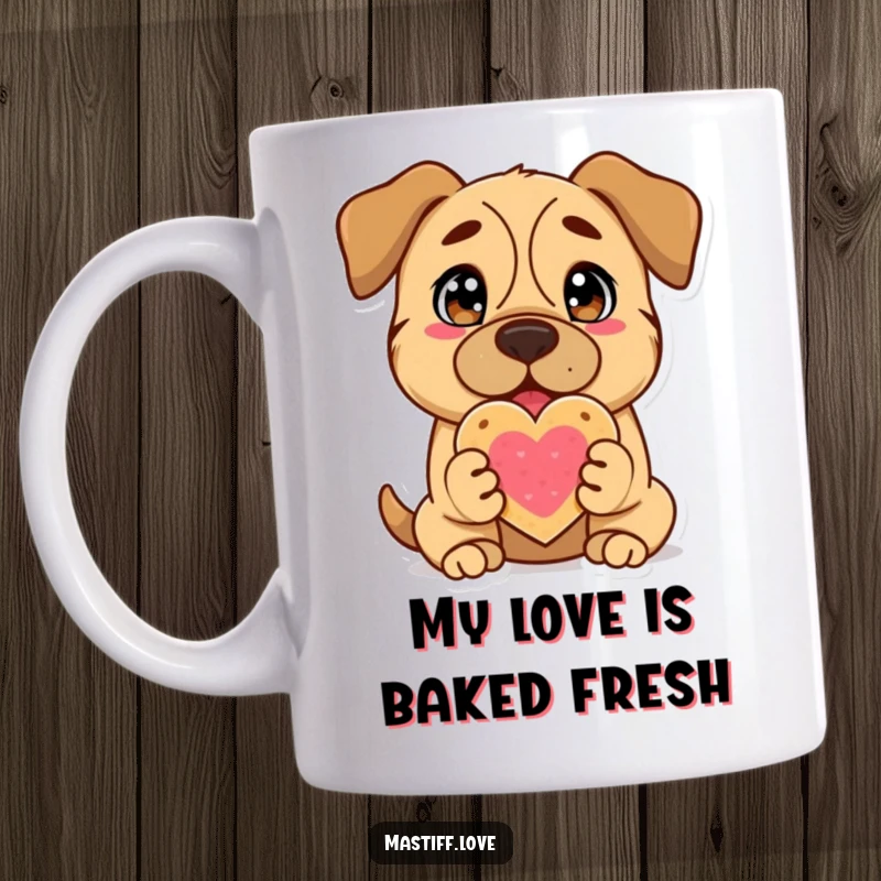 Funny Mastiff Mug: Adorable dog with adoring eyes happily offers a large heart-shaped cookie, melting hearts with its sweet gesture.
