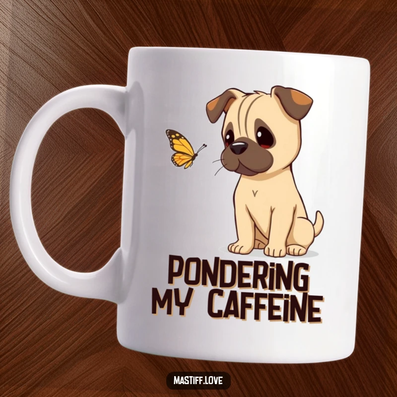 Funny mastiff tilting its head curiously, watching a fluttering butterfly, depicted on a mug, showing gentle fascination.