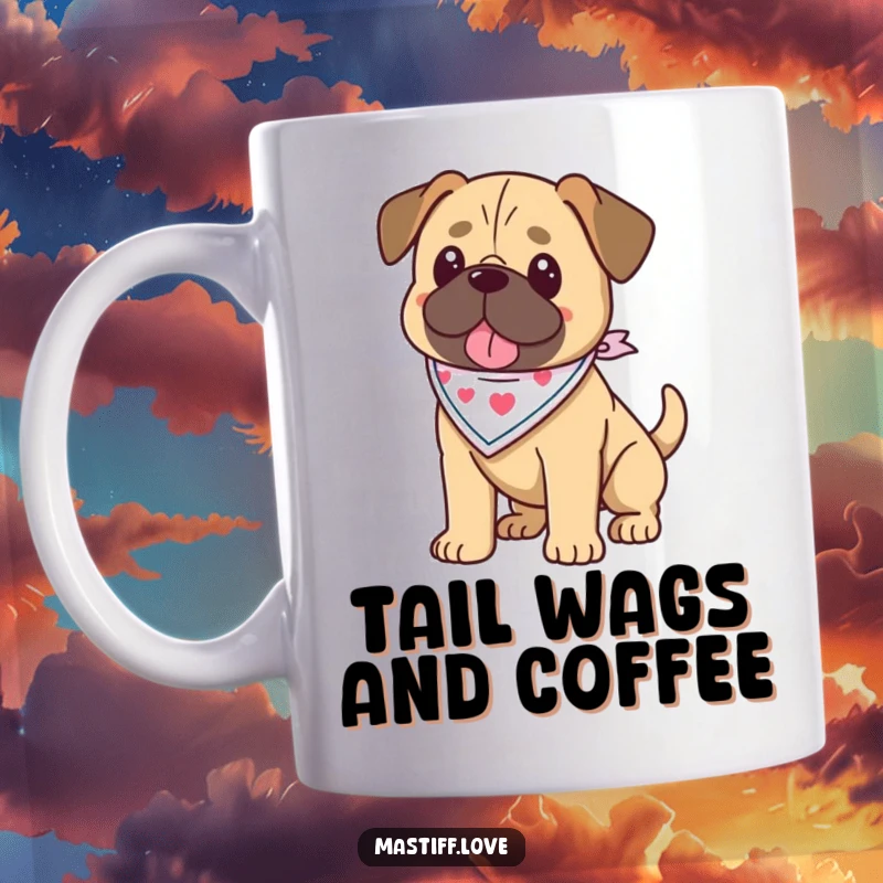 Funny kawaii mastiff mug featuring a cute mastiff wearing a small bandana and wagging its tail enthusiastically, radiating happiness.